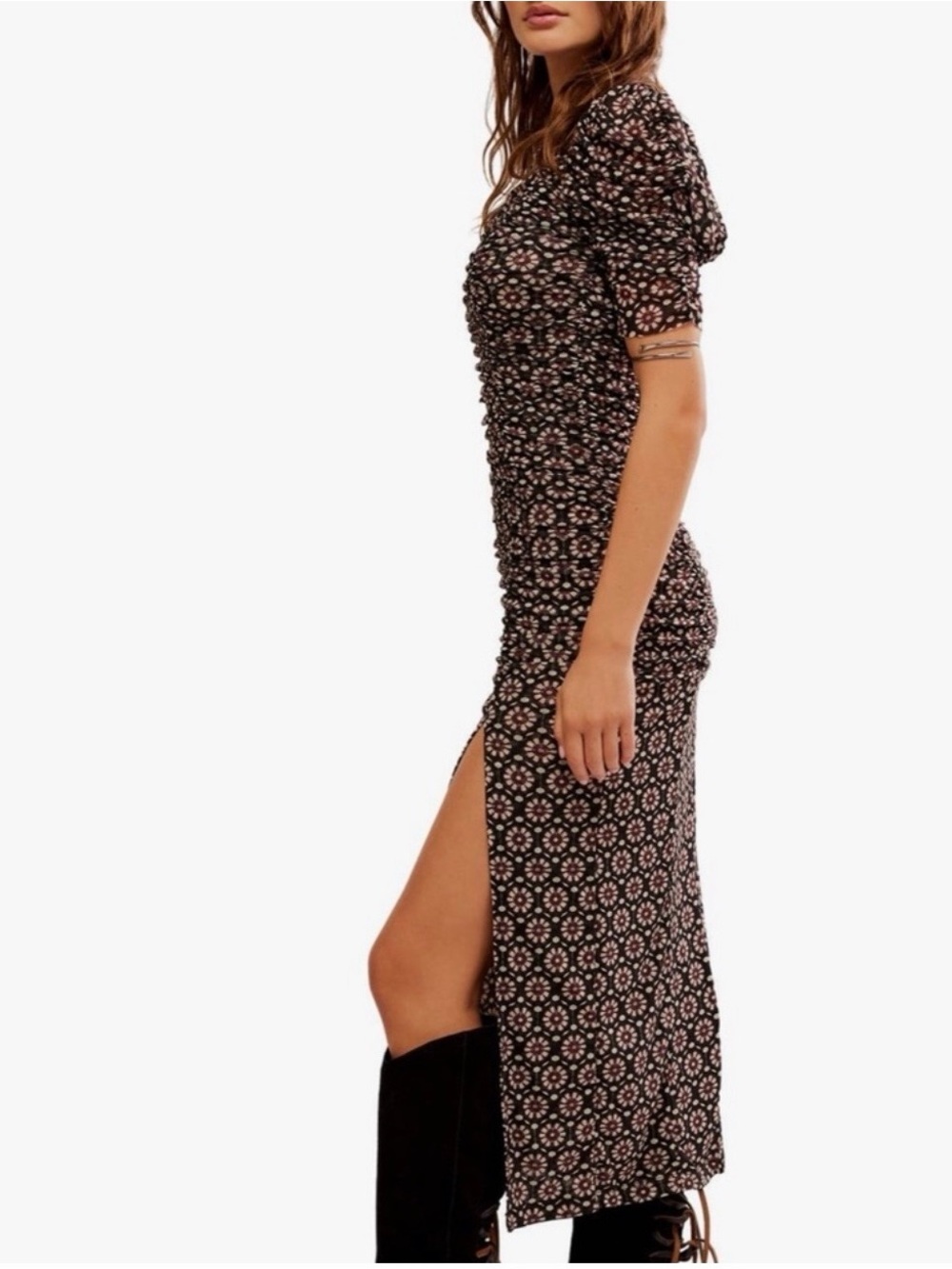 NWT Free People Briella Midi Dress S Black Combo Floral Ruched $168